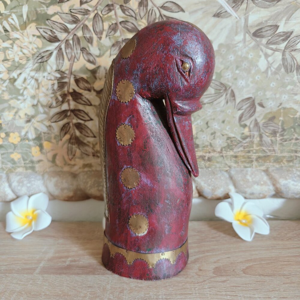 Abstract Solid Red Wood Carved Long Beak Bird with Brass Accents India Statue